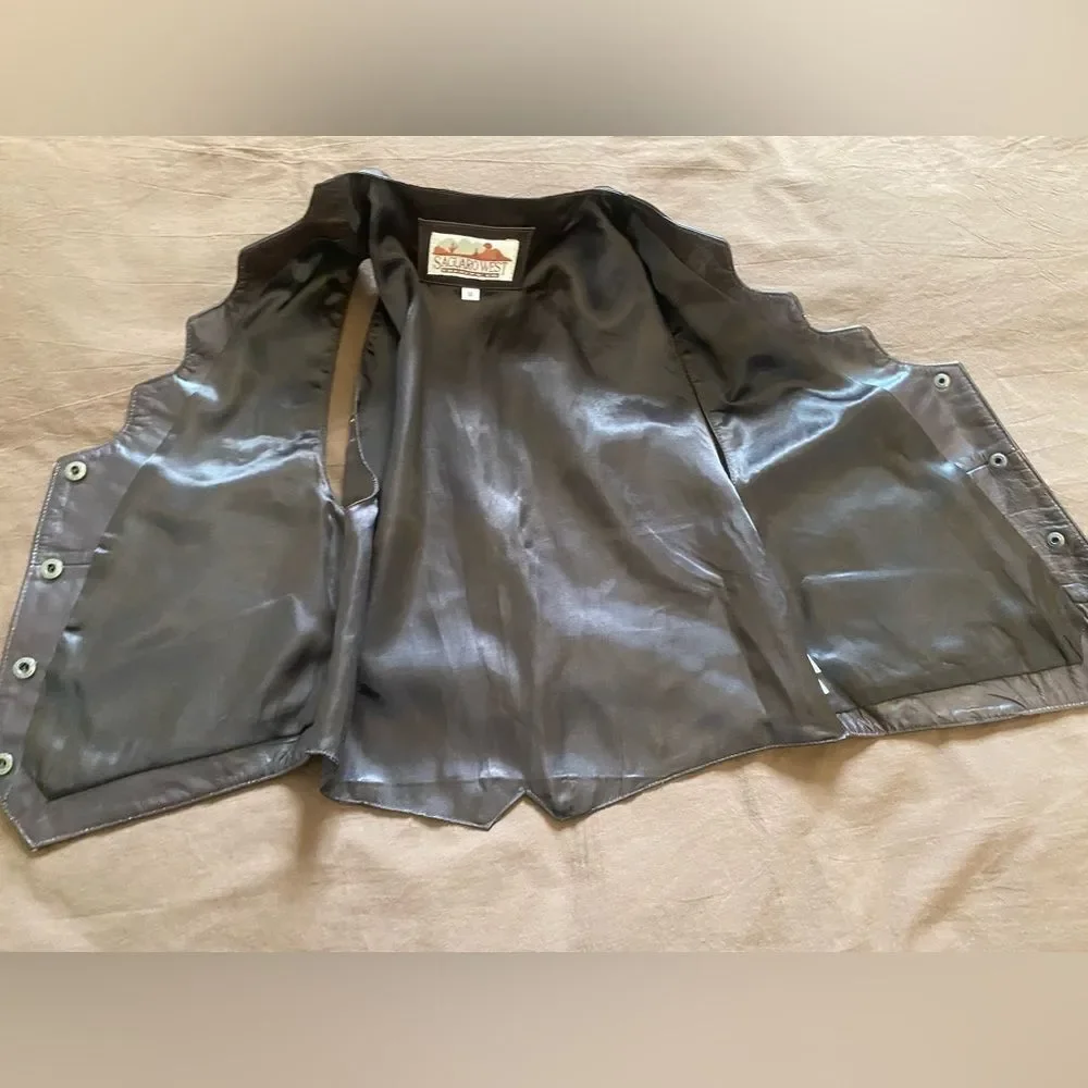 Vintage Saguaro West Brown Leather Vest Medium Western Cowboy Biker Cowboycore